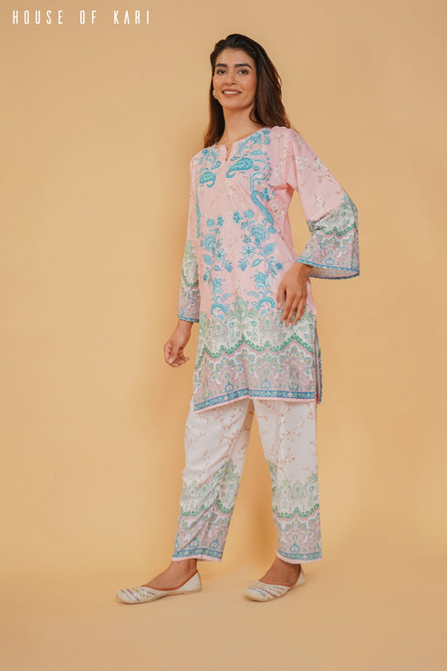 Printkari Poly Muslin Co-ord set in Pink & Sky Blue