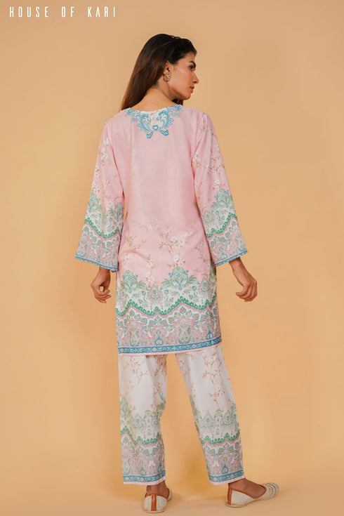 Printkari Poly Muslin Co-ord set in Pink & Sky Blue