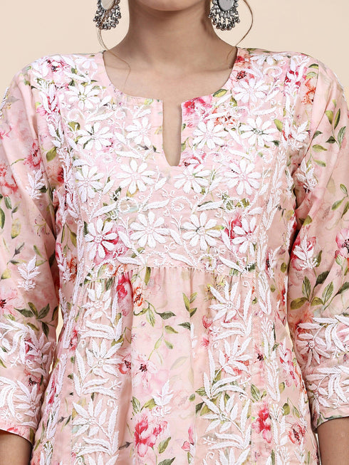 Fizaa Chikankari Long Kurta in Muslin Cotton for Women- Pink Print