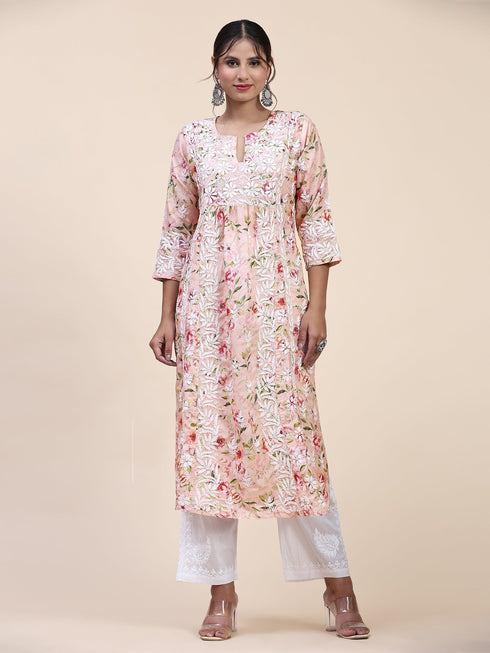 Fizaa Chikankari Long Kurta in Muslin Cotton for Women- Pink Print