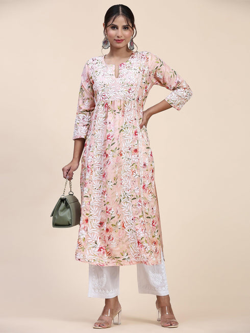Fizaa Chikankari Long Kurta in Muslin Cotton for Women- Pink Print