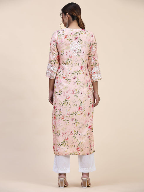 Fizaa Chikankari Long Kurta in Muslin Cotton for Women- Pink Print
