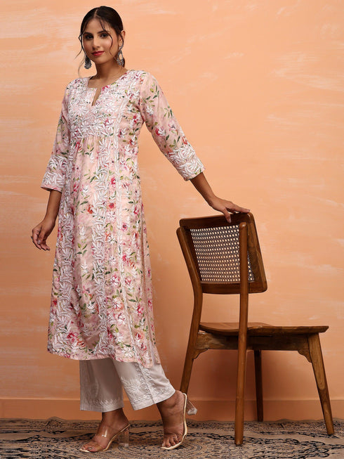 Fizaa Chikankari Long Kurta in Muslin Cotton for Women- Pink Print