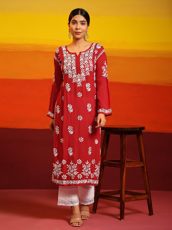 Samma Premium Hand Embroidery Chikankari Kurta in Modal Cotton- Red