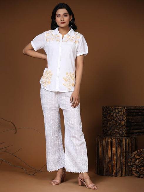 Hand embroidery Chikankari tunic-White With Beige