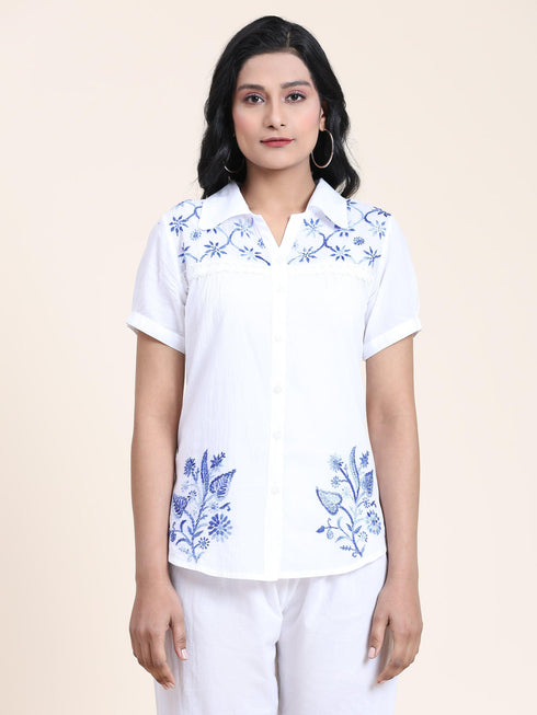 Hand embroidery Chikankari tunic-White With Blue
