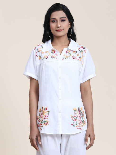 Hand embroidery Chikankari tunic-White With Multi