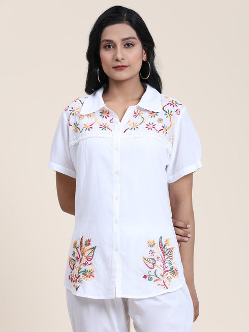 Hand embroidery Chikankari tunic-White With Multi