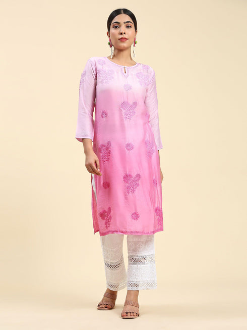 Fizaa Chikankari Long Kurta Notch neck in Chanderi Silk for Women - Rani Pink