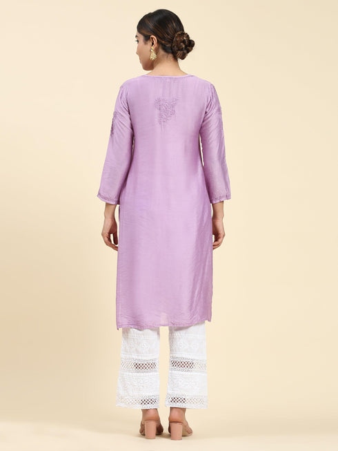 Fizaa Chikankari Long Kurta Notch Neck in Chanderi Silk for Women - Purple