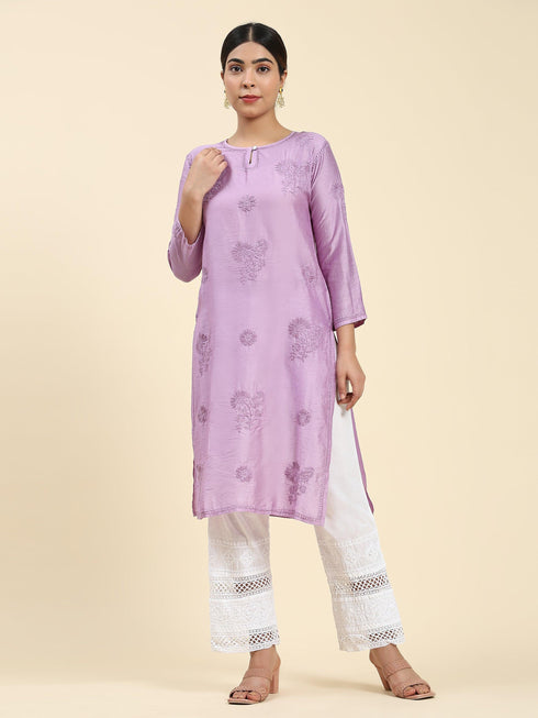Fizaa Chikankari Long Kurta Notch Neck in Chanderi Silk for Women - Purple