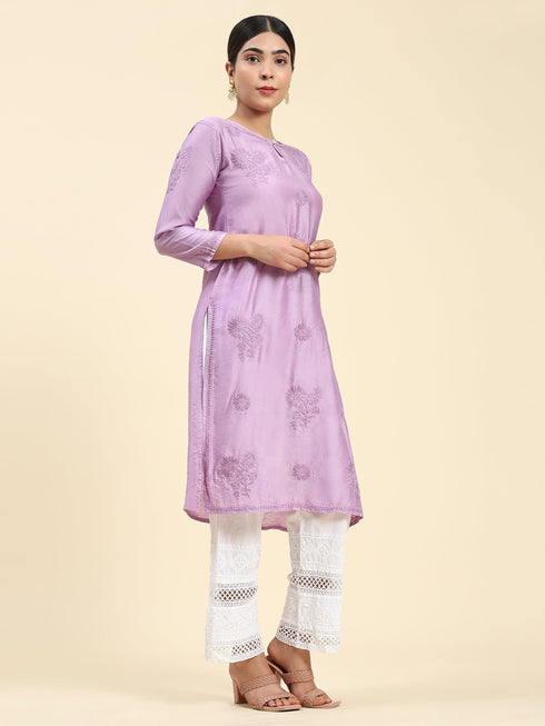 Fizaa Chikankari Long Kurta Notch Neck in Chanderi Silk for Women - Purple