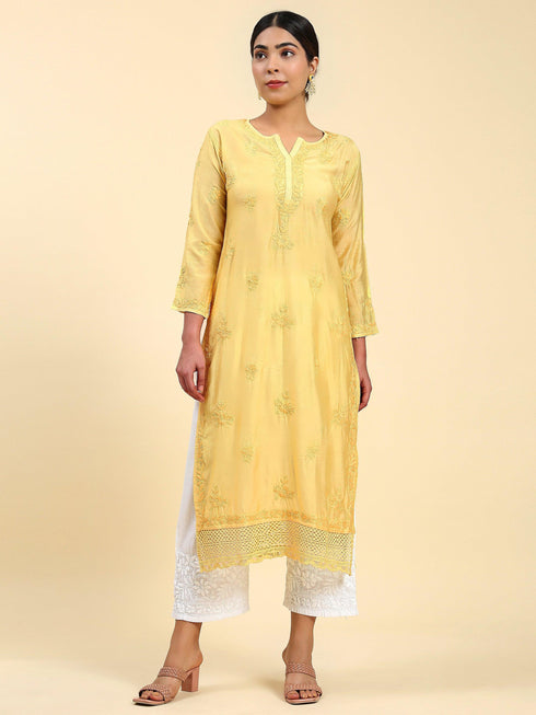 Jhanvi in Fizaa Chikankari Long Kurta in Chanderi Silk for Women - Yellow