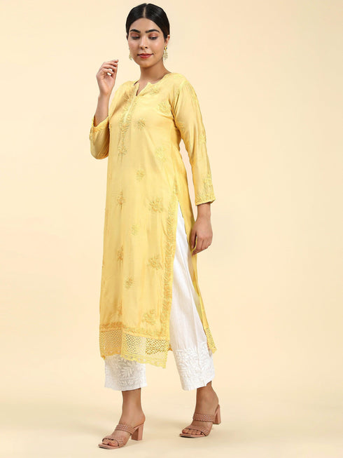 Jhanvi in Fizaa Chikankari Long Kurta in Chanderi Silk for Women - Yellow