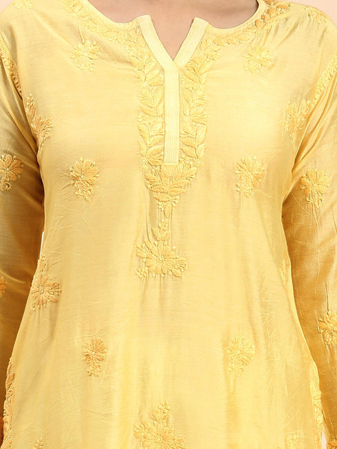 Jhanvi in Fizaa Chikankari Long Kurta in Chanderi Silk for Women - Yellow