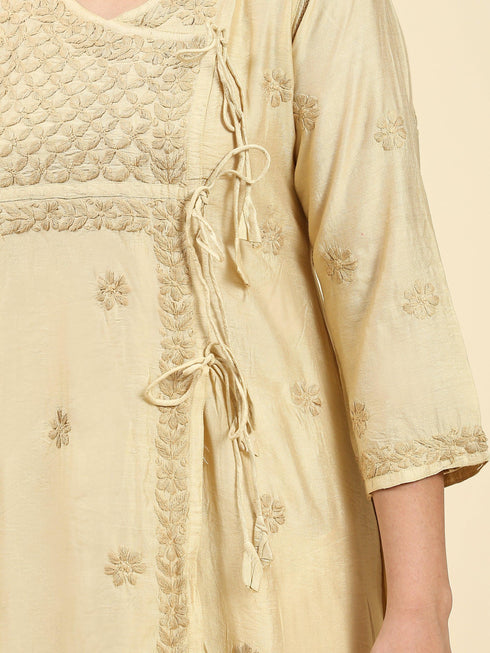 Fizaa Chikankari Angrakha Long Kurta in Chanderi Silk for Women - Beige