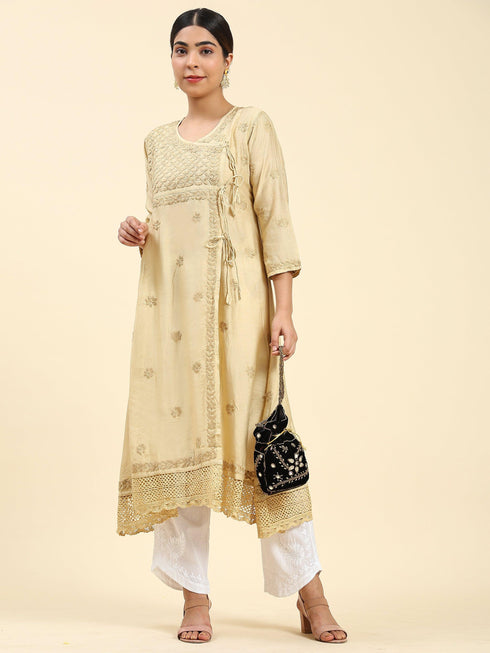 Fizaa Chikankari Angrakha Long Kurta in Chanderi Silk for Women - Beige