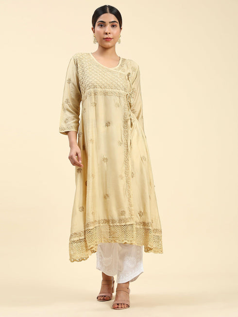 Fizaa Chikankari Angrakha Long Kurta in Chanderi Silk for Women - Beige
