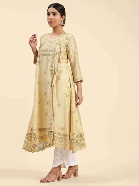 Fizaa Chikankari Angrakha Long Kurta in Chanderi Silk for Women - Beige