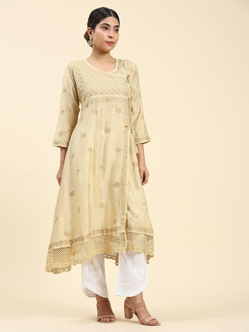 Fizaa Chikankari Angrakha Long Kurta in Chanderi Silk for Women - Beige