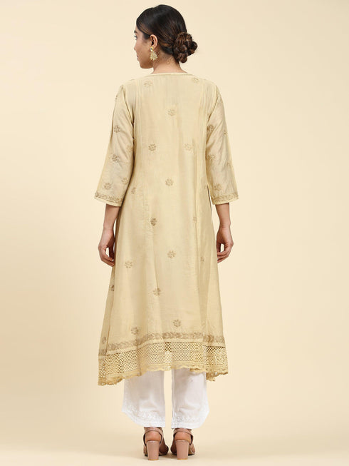 Fizaa Chikankari Angrakha Long Kurta in Chanderi Silk for Women - Beige