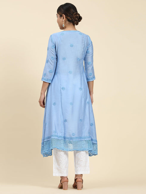 Fizaa Chikankari Angrakha Long Kurta in Chanderi Silk for Women - Blue