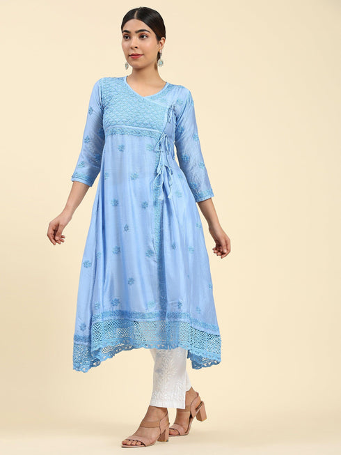 Fizaa Chikankari Angrakha Long Kurta in Chanderi Silk for Women - Blue