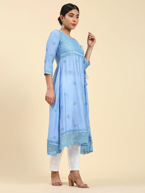 Fizaa Chikankari Angrakha Long Kurta in Chanderi Silk for Women - Blue