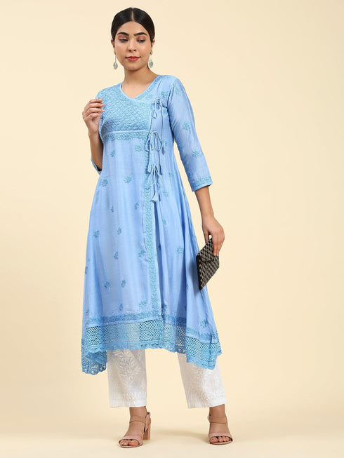 Fizaa Chikankari Angrakha Long Kurta in Chanderi Silk for Women - Blue