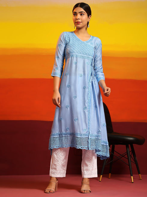 Fizaa Chikankari Angrakha Long Kurta in Chanderi Silk for Women - Blue