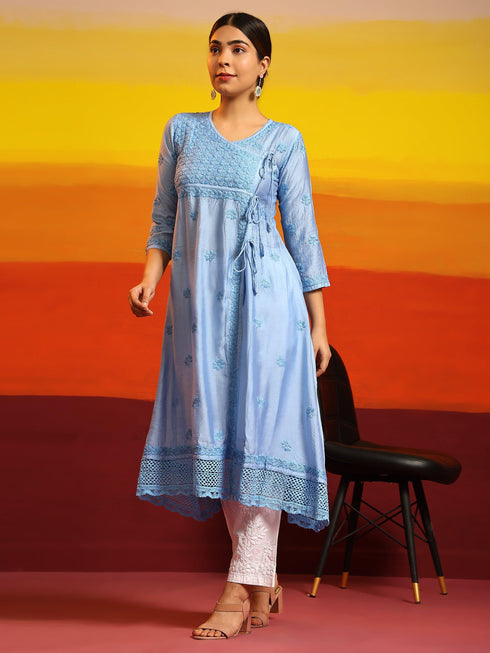 Fizaa Chikankari Angrakha Long Kurta in Chanderi Silk for Women - Blue