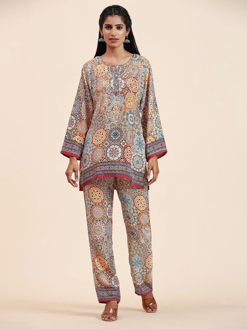 Samma Chikankari Co-ord Set in Polysilk for Women- Orange multicolour Print