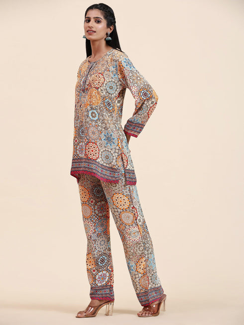 Samma Chikankari Co-ord Set in Polysilk for Women- Orange multicolour Print