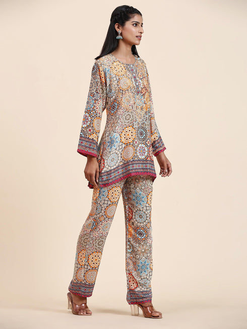 Samma Chikankari Co-ord Set in Polysilk for Women- Orange multicolour Print