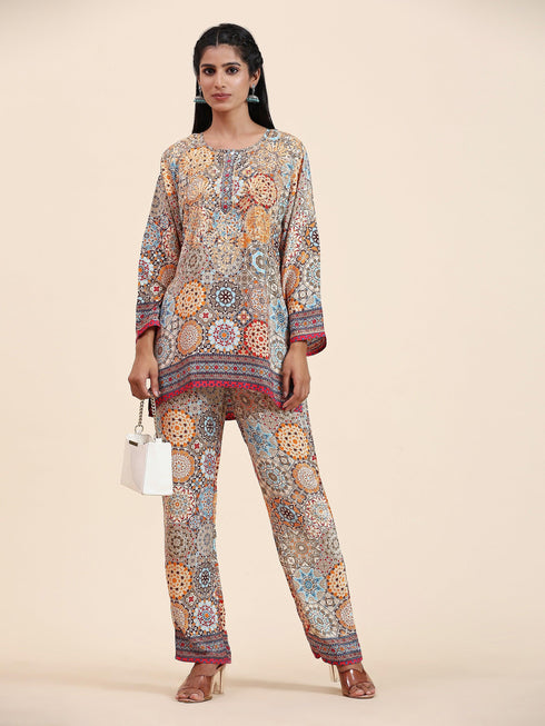 Samma Chikankari Co-ord Set in Polysilk for Women- Orange multicolour Print