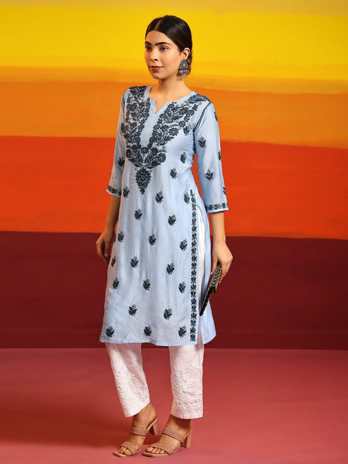 Samma Chikankari Long Kurta in Chanderi Silk for Women- Sea Blue