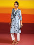 Samma Chikankari Long Kurta in Chanderi Silk for Women- Sea Blue