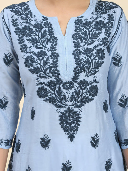 Samma Chikankari Long Kurta in Chanderi Silk for Women- Sea Blue