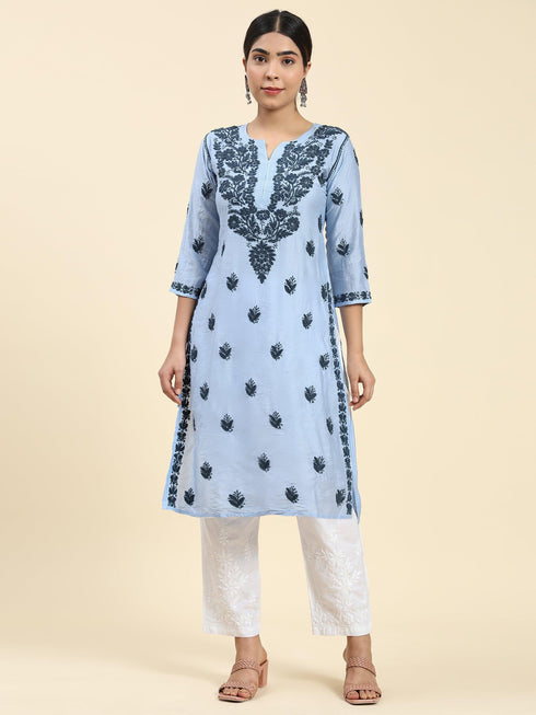 Samma Chikankari Long Kurta in Chanderi Silk for Women- Sea Blue