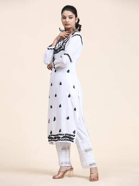 Nishtha in Noor HOK Muslin Chikankari kurti for Women- White With Black