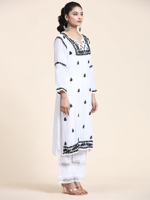 Nishtha in Noor HOK Muslin Chikankari kurti for Women- White With Black