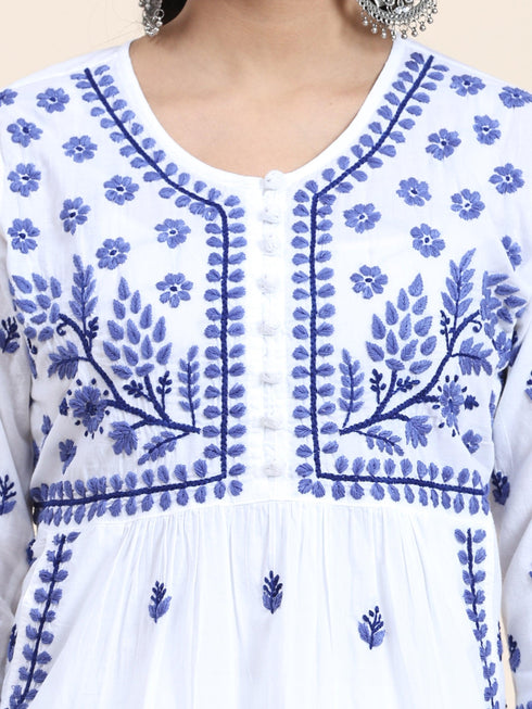 NOOR Chikankari Kurta With Pocket - White With Blue