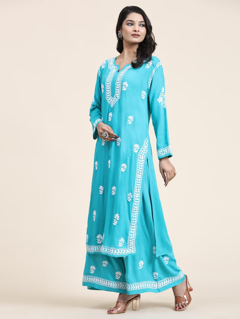 Noor Chikankari CO-ORD Set In Rayon for Women In Blue Turquoise