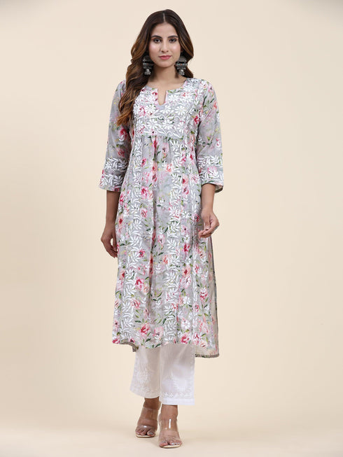 Fizaa Chikankari Long Kurta in Muslin Cotton for Women- Grey Print