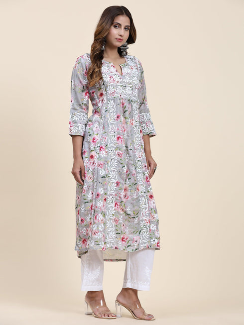 Fizaa Chikankari Long Kurta in Muslin Cotton for Women- Grey Print