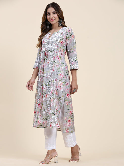 Fizaa Chikankari Long Kurta in Muslin Cotton for Women- Grey Print