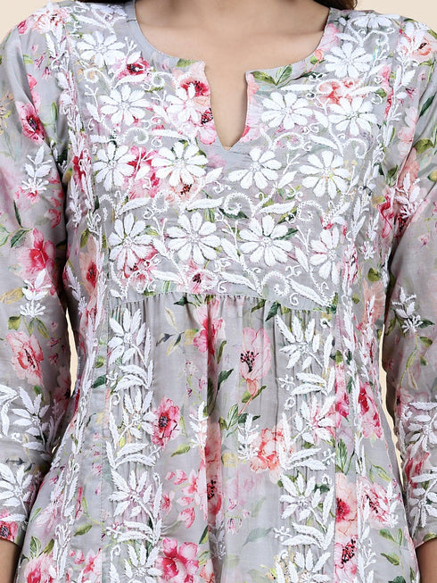 Urmi in Fizaa Chikankari Long Kurta in Muslin Cotton for Women- Grey Print