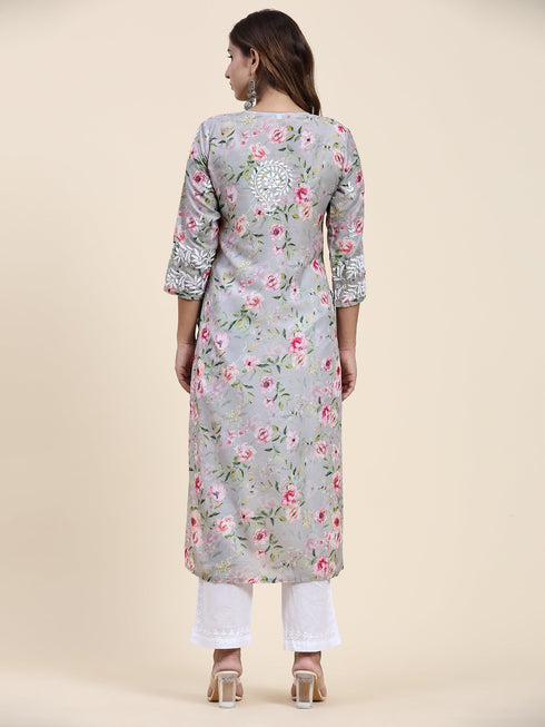 Fizaa Chikankari Long Kurta in Muslin Cotton for Women- Grey Print