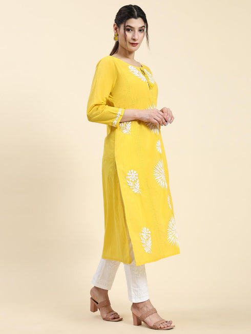 Samma Chikankari Long Kurti In Cotton for Women- Yellow