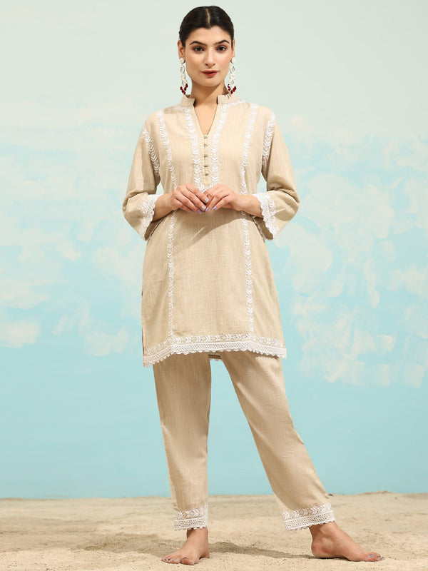 Samma Chikankari CO-ORD Set In for Women In Beige